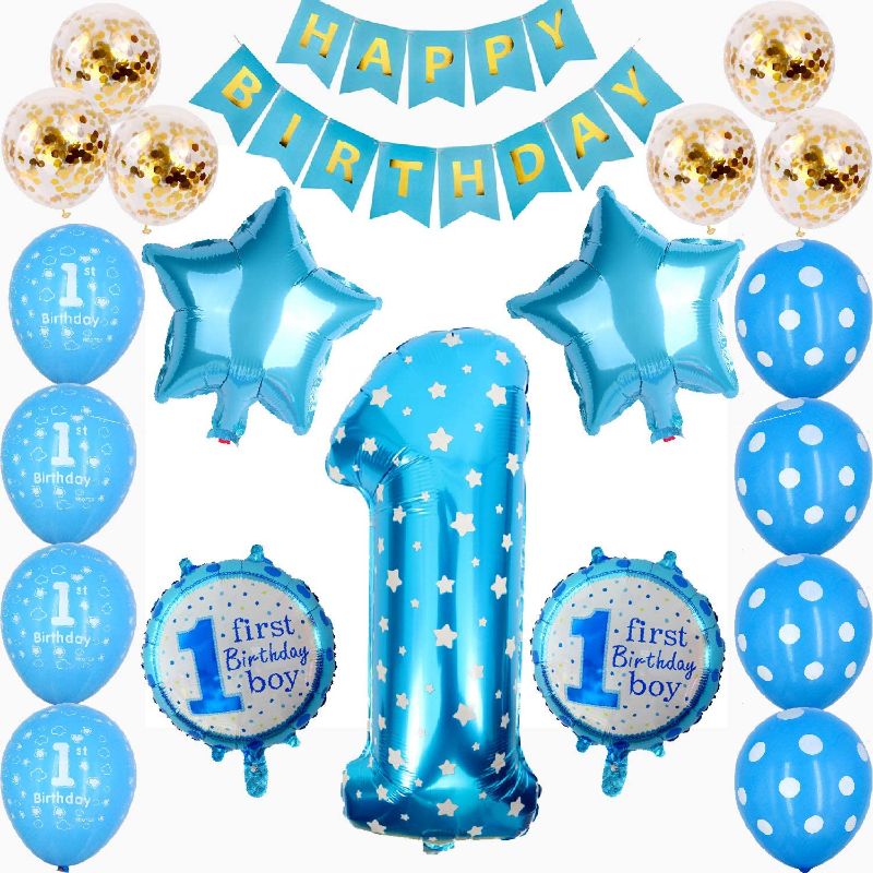 Photo 1 of 1st Birthday Decorations Boys Blue First Birthday Party Decorations Number 1 Foil Balloon Happy Birthday Banner Star and Candy Balloons Confetti Balloons Birthday Party Decorations
