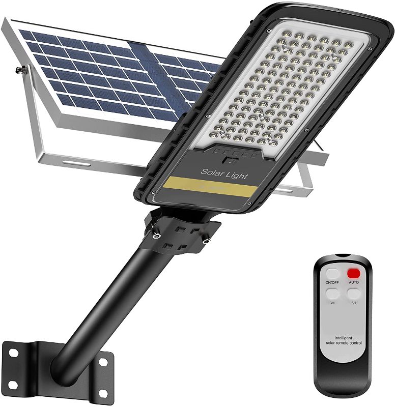 Photo 1 of ENGREPO Solar Street Lights Outdoor 84 LEDs Security Solar Flood Light 6000K Bright White Floodlights Auto On/Off Dusk to Dawn with Remote Control for Yard, Garden, Street, Basketball Court
