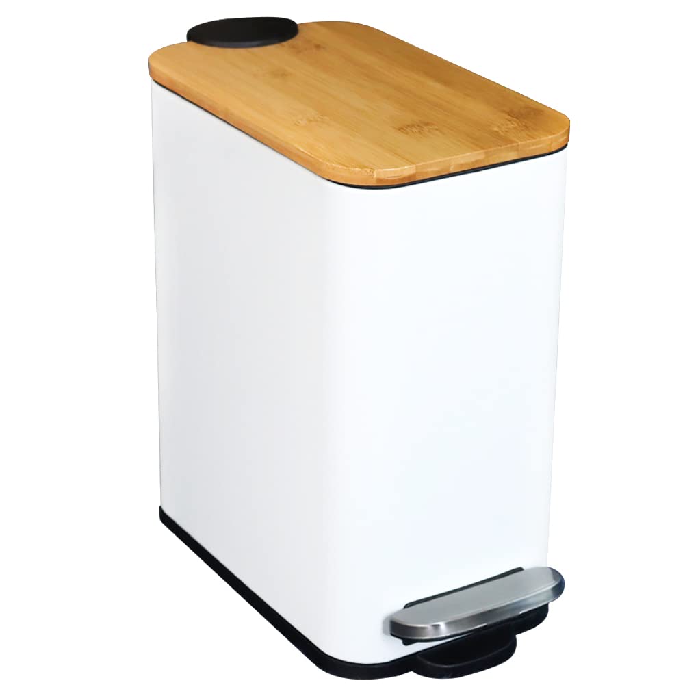 Photo 1 of Bathroom Trash Can with Bamboo Lid Soft Close and Foot Pedal, Small Rectangular Slim Garbage Can with Removable Inner Wastebasket for Bedroom, Powder Room, Craft Room, Office, Kitchen, 1.3Gal/5L, White
