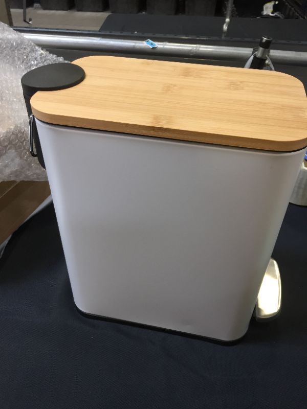 Photo 2 of Bathroom Trash Can with Bamboo Lid Soft Close and Foot Pedal, Small Rectangular Slim Garbage Can with Removable Inner Wastebasket for Bedroom, Powder Room, Craft Room, Office, Kitchen, 1.3Gal/5L, White
