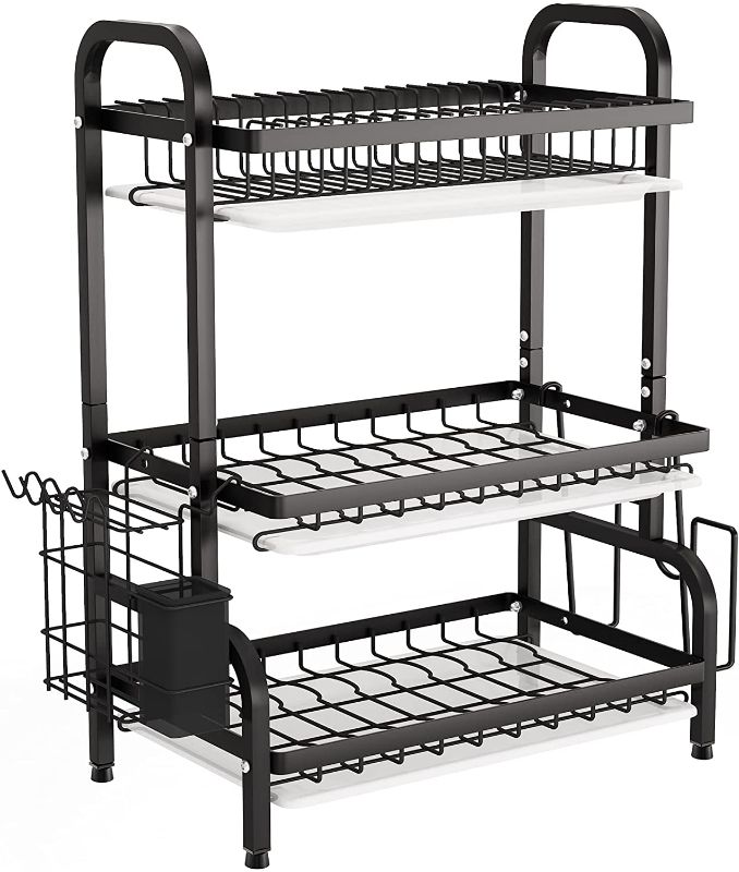 Photo 1 of Dish Drying Rack, 1Easylife 3 Tier Dish Rack with Tray Utensil Holder, Large Capacity Rustproof Dish Drainer with Cutting Board Holder Drain Board Tray for Kitchen Counter Organizer Storage (Black)
