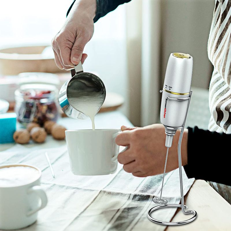 Photo 1 of Bonsenkitchen Handheld Milk Frother Foam Maker for Bulletproof Coffee, High Powered Portable Drink Mixer for Making Matcha or Protein Powder, Stainless Steel Stand Include for Easy Storage
