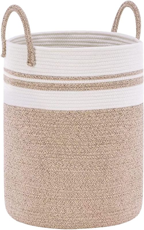 Photo 1 of 58L Woven Rope Laundry Hamper Basket with Handles, 20H×15D inches Tall Clothes Hamper for Pillow, Towel, Blankets, Toys, in Bedroom, Bathroom, Living Room, Brown
