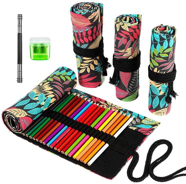 Photo 1 of Colored Pencil Holder Case for Adults,Handmade Portable Roll-Up Canvas Pencil Wrap for Artists, Sketchers & Children,Xtra Accessories Included. (Fallen Leaves, 72)
