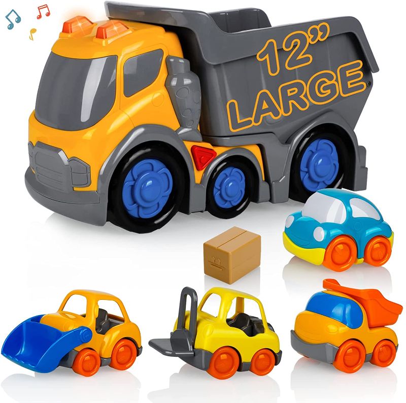 Photo 1 of Car Toys for 1 2 3 4 5 Years Old Toddlers Boys and Girls,12‘’ Big Dump Truck with Light and Sound, Push and Go Small Bulldozer Forklift Truck, Vehicles Playset for Christmas Birthday Gift
