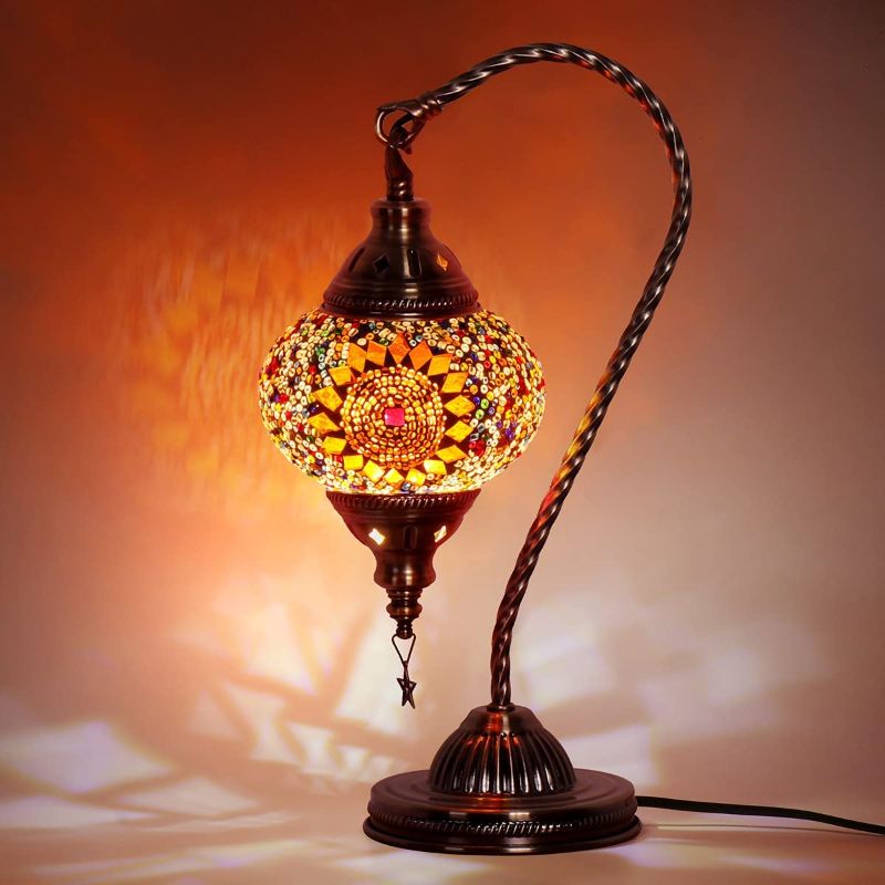 Photo 1 of Turkish Moroccan Lamp with Bronze Base - Yarra Decor 3 Color Options Handmade Swan Neck Tiffany Mosaic Glass Bedside Lamps for Bedroom (LED Bulb Included)(4)
