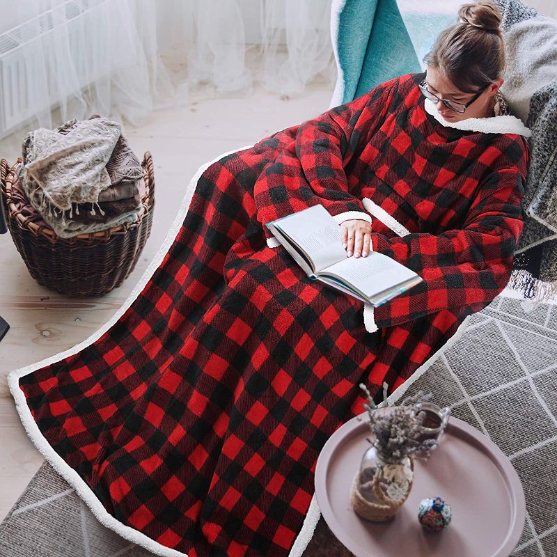 Photo 1 of Tirrinia Red Buffalo Plaid Sherpa Wearable Blanket for Adult Women and Men, Super Soft Comfy Warm Plush Throw with Sleeves TV Blanket Wrap Robe Cover for Sofa, Couch 72" x 55"
