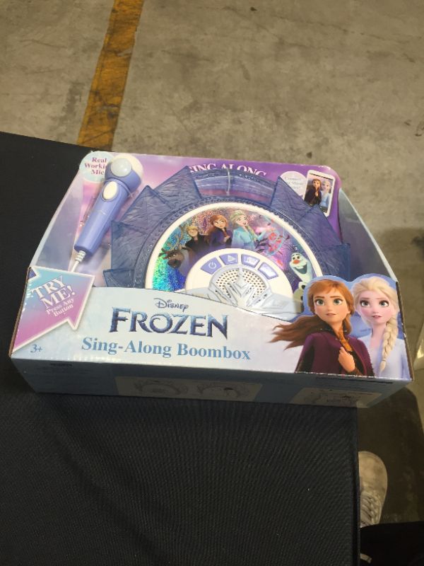 Photo 2 of Frozen 2 Sing Along Boombox with Microphone, Built in Music, Flashing Lights, Real Working Mic for Kids Karaoke Machine, Connects Mp3 Player Aux in Audio Device
