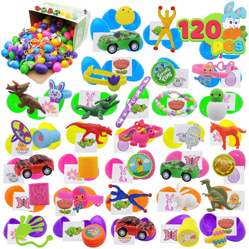 Photo 1 of 120 Pcs Toys Plus Stickers Prefilled Easter Eggs, 2 3/8" prefilled Easter Eggs with Toys Inside for Easter Basket Stuffers Fillers, Easter Theme Party Favor, Eggs Hunt
