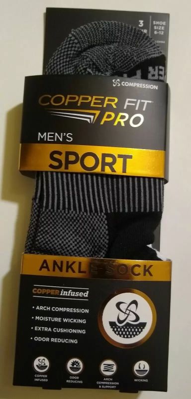 Photo 1 of  Copper Fit Pro Men's Shoe Size 6-12 Sport Ankle Socks 3 Pack 1 Blk 1 White 1 Gr