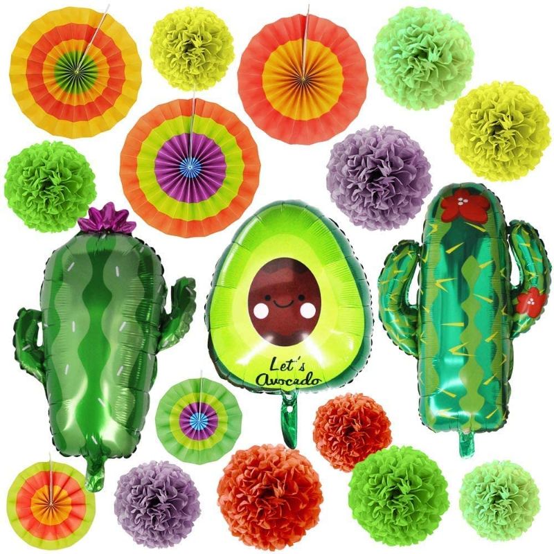 Photo 1 of 19 PCs Cinco De Mayo Fiesta Foil Balloons with 24” Cactus & 30” Avocado Balloons, Tissue Pom Paper Flowers, Hanging Paper Fans & Backdrop Banner for Cinco De MayoParty Decoration Supplies
