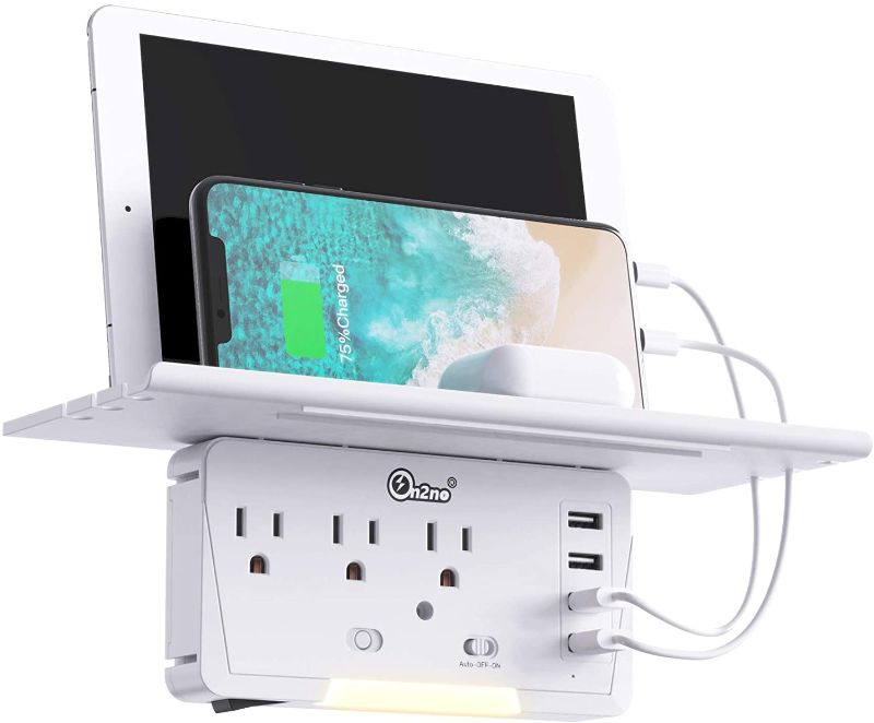 Photo 1 of Socket Outlet Shelf, ON2NO Surge Protector Wall Outlet, 3AC Outlet and 4 USB Charging Ports, Electric Outlet Extender with Built-in Shelf and Smart Night Light to Create Charging Station in Home