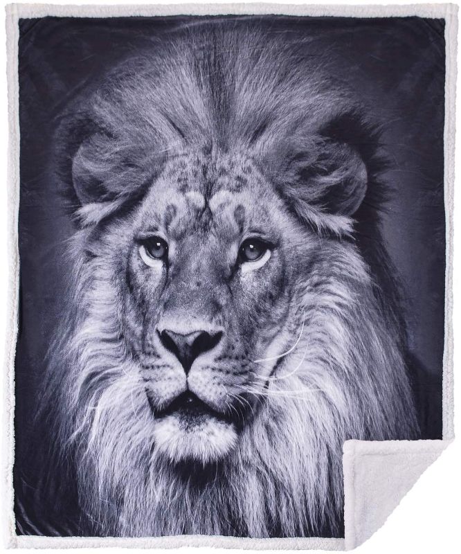 Photo 1 of 5 STARS UNITED Throw Blanket – 50x60 Black & White Lion - Animal Print - Premium Minky Fleece with Sherpa - Soft, Plush, Warm - Perfect for Couch, Bed, Sofa
