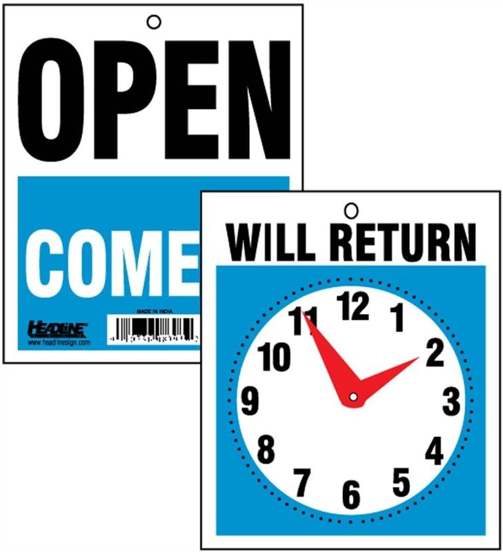 Photo 1 of 3 - U. S. Stamp and Sign Come In/open or Will Return Plastic Flip Sign with Clock Hands, 7.5 X 9 Inches (9382)
