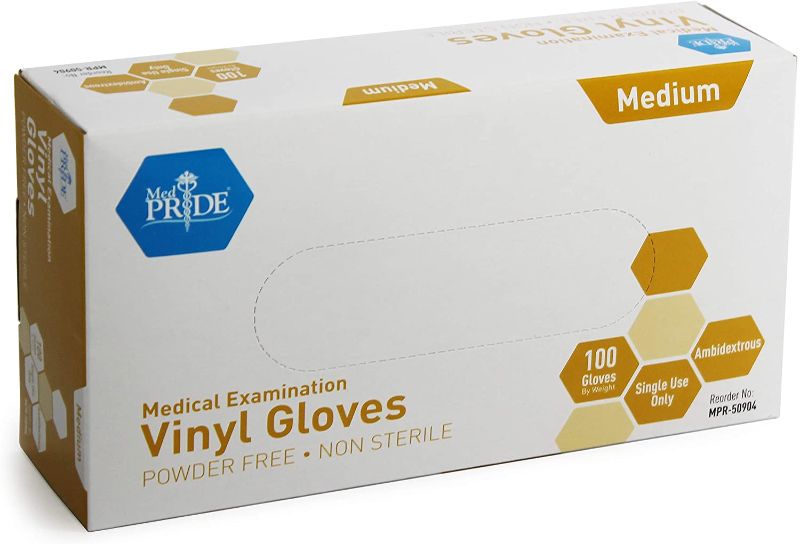 Photo 1 of 2 pack Med PRIDE Medical Vinyl Examination Gloves (Medium, 100-Count) Latex Free Rubber | Disposable, Ultra-Strong, Clear | Fluid, Blood, Exam, Healthcare, Food Handling Use | No Powder
