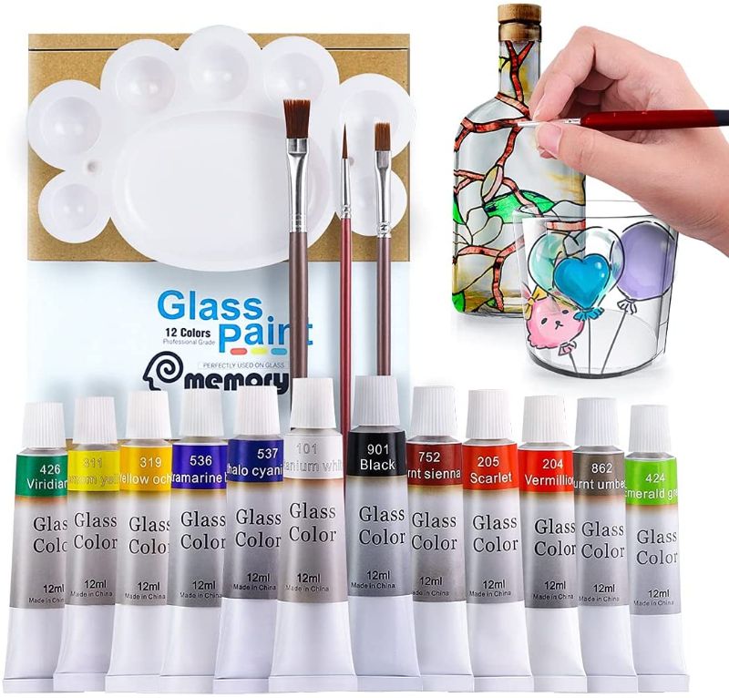 Photo 1 of COLORFUL Stain Glass Paint Kit with 12 Colors, 3 Nylon Brushes, 1 Palette, Waterproof Acrylic Enamel Painting Set to Create Translucent Arts on Transparent Wine Glasses, Porcelain, Window and Ceramics

