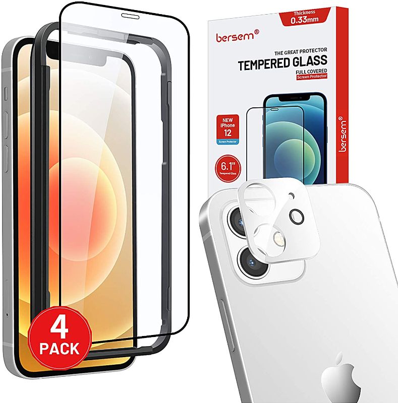 Photo 1 of [4 Pack] BERSEM Screen Protector Compatible with iPhone 12 [2 Pack] Tempered Glass Screen Protector +2 Pack Tempered Glass Camera Lens Protector [Case Friendly] [Easy Installation Frame]-White 3 PACKS