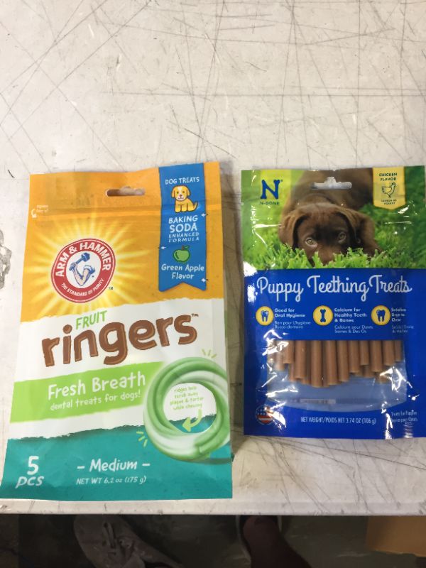 Photo 1 of Dog pack Arm & Hammer Fruit Ringers Fresh Breath Medium Green Apple Flavor Dog Dental Chews, 5 Count and N-Bone Puppy Teething Sticks Chicken Flavor Dog Treats, 3.74-oz Bag