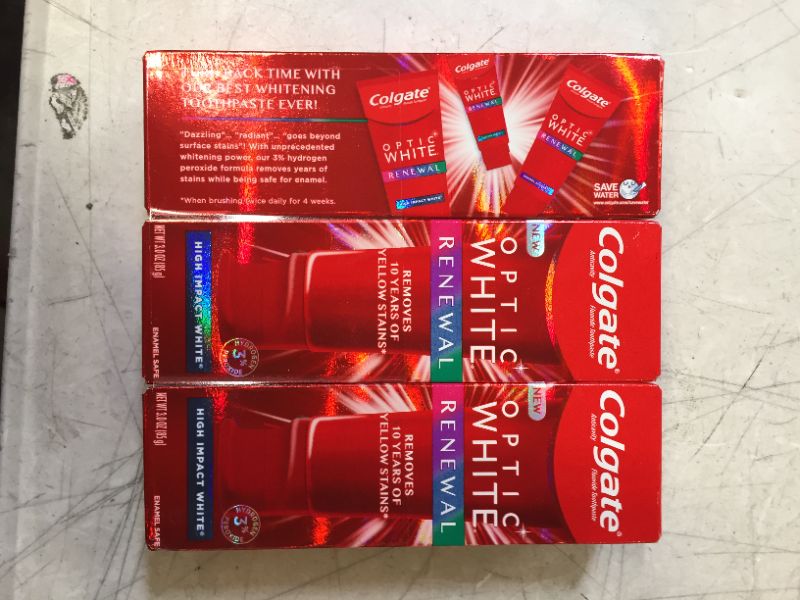 Photo 1 of Colgate Optic White Renewal Teeth Whitening Toothpaste with Fluoride, 3% Hydrogen Peroxide, High Impact White - 3 Ounce (3 Pack)