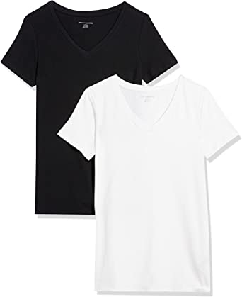 Photo 1 of -SIZE MEDIUM-- Amazon Essentials Women's Classic-Fit Short-Sleeve V-Neck T-Shirt, Pack of 2 Black/White 
