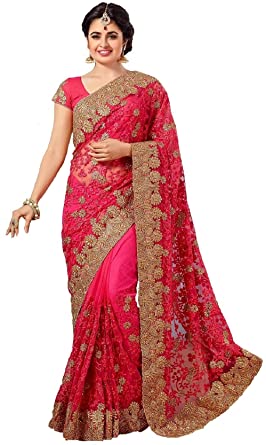 Photo 1 of Nivah Fashion Women's Woven Net Embroidery Saree With Unstitched Blouse Piece (Red)
