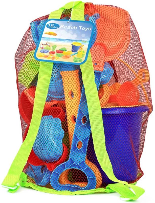 Photo 1 of Click N' Play Beach Toys for Kids 3-10, 18 Piece Sand Toys, Including Sand Bucket with Sifter, Watering Can, Rake, 4 Hand Tools, 10 Sand Molds, Easy to Carry Lightweight Backpack Bag
