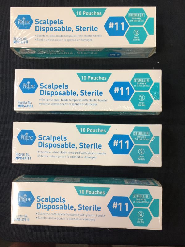 Photo 2 of Medpride Disposable Scalpel Blades| #11 Sharp, Tempered Stainless-Steel Blades | Pack of 10 Sterile Scalpel Knives| Plastic Handle| Individual Pouches Set of 4