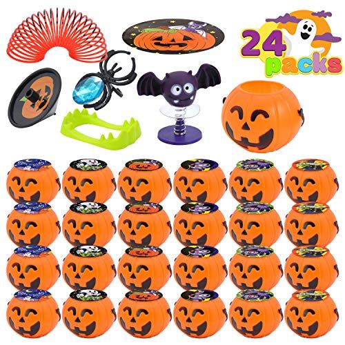 Photo 1 of 120 Pcs Halloween Toy Gifts for Kids, 24 Pack Prefilled Mini Pumpkin Buckets with Spider Rings, Poppers, Spring, Vampire Teeth and Spinning Tops