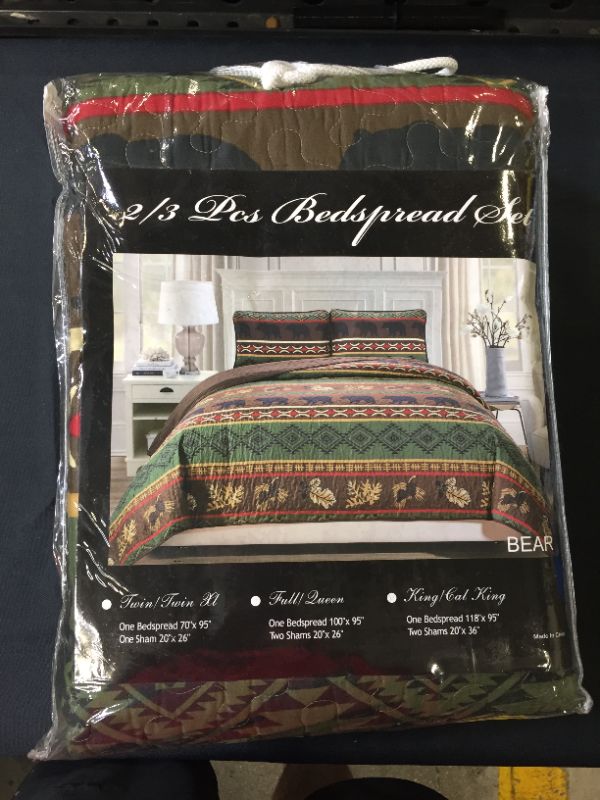 Photo 2 of Rustic Western Southwestern Brown Quilt Set with Native American Designs Grizzly Bears and Pinecone Prints King / California King Bedspread 3 Piece Bed Set