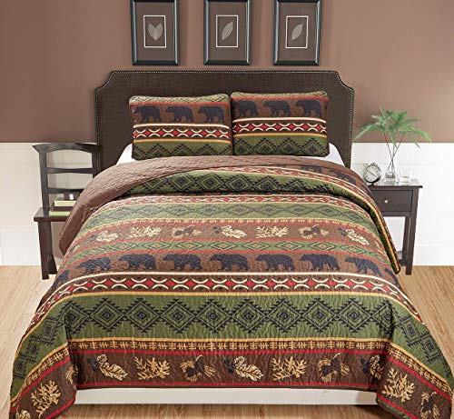 Photo 1 of Rustic Western Southwestern Brown Quilt Set with Native American Designs Grizzly Bears and Pinecone Prints King / California King Bedspread 3 Piece Bed Set