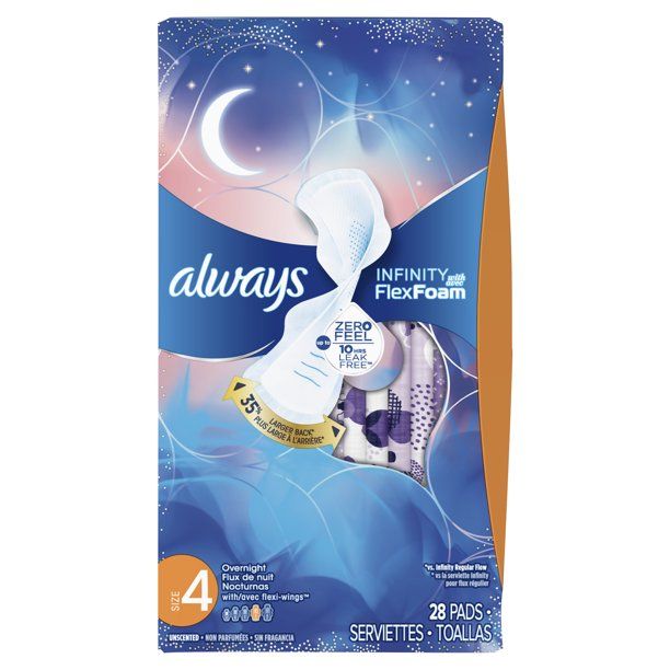 Photo 1 of ALWAYS Infinity, Size 4, Overnight Sanitary Pads with Wings, Unscented, 28 Count
Box Damaged During Shipping