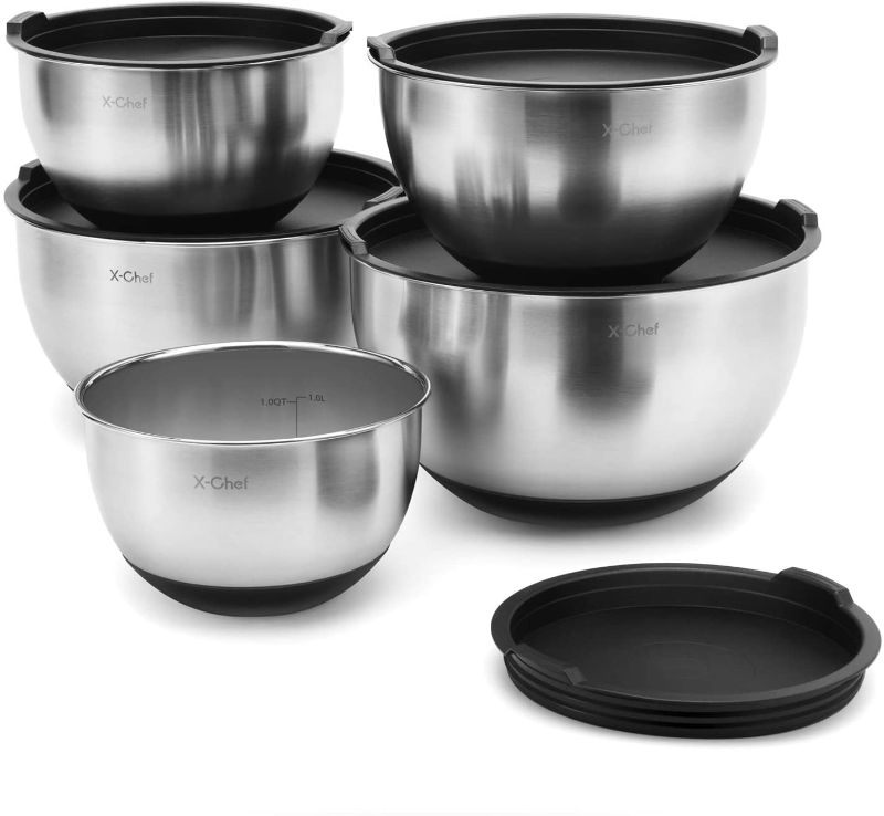 Photo 1 of X-Chef Stainless Steel Bowls with Lids, Mixing Storage Bowl Set of 5 with Measurement, Stackable & Non-slip (1, 2, 2.5, 3.5, 4.5 QT)
