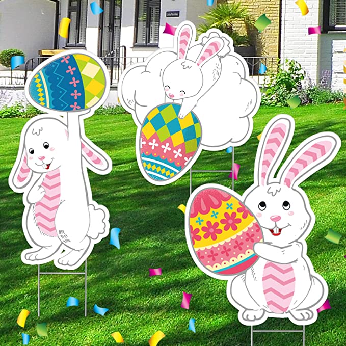 Photo 1 of 3 Pcs Easter Laser Bunnies with Eggs Yard Decorations,Outdoor Funny Bunnies with Eggs Corrugated Yard Signs Decor - 22”x 16” Happy Easter Yard Signs with H-shaped Metal Stakes.