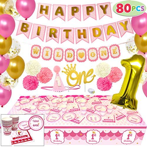 Photo 1 of 1st Girl Birthday Supplies Decoration Wild Set (Happy Banners, Hat, Foil Balloon Confetti Balloon, Cake Topper, Plates, Cups, Napkins,