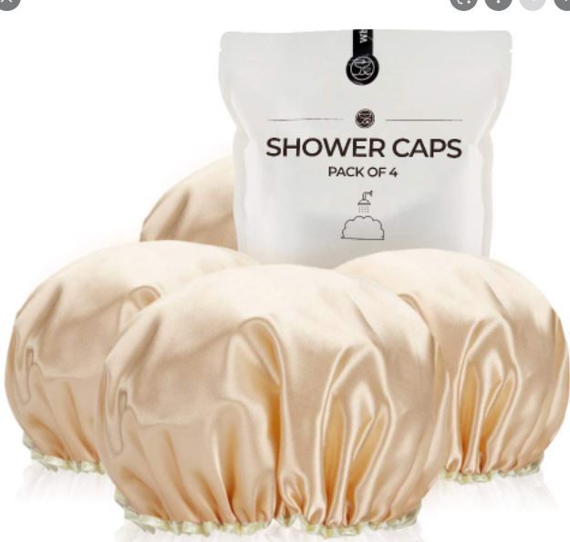 Photo 1 of 
Shower Cap for Women Reusable Extra Large Shower Cap for Men (Golden 4 Pack XL) Satin Double Layer EVA Waterproof Long Hair Cap