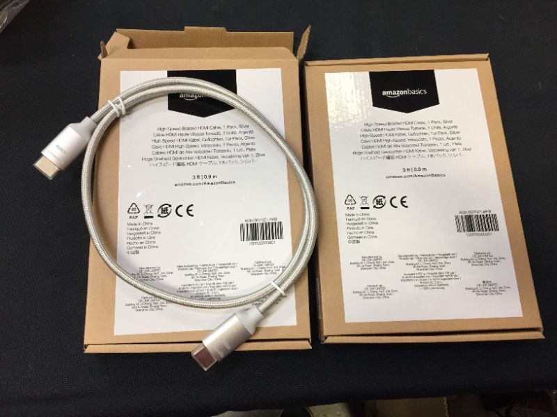 Photo 2 of 2 PACK - Amazon Basics 10.2 Gbps High-Speed 4K HDMI Cable with Braided Cord, 3-Foot, Silver