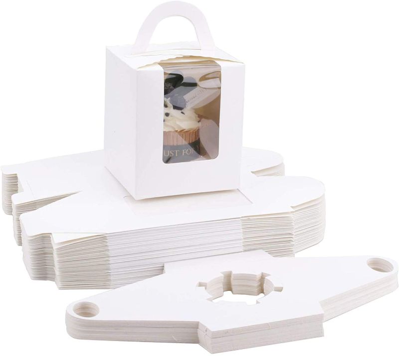Photo 1 of 25 pcs Individual Cupcakes Boxes, 3.6''3.6''4.3" Single Cupcake Carriers with Window & Insert and Handle, Bakery Cupcake Boxes for Bakery Wrapping Wedding Birthday Party (White)