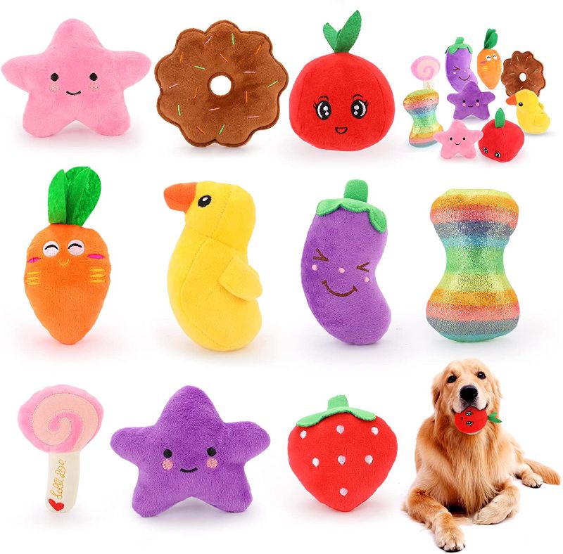 Photo 1 of Pet Dog Plush Vocal Toys Vegetables and Fruits Cartoon Animals Molar Chew Toys for Puppy Medium Small Dog Pets Squeaky Toys 10 Pack