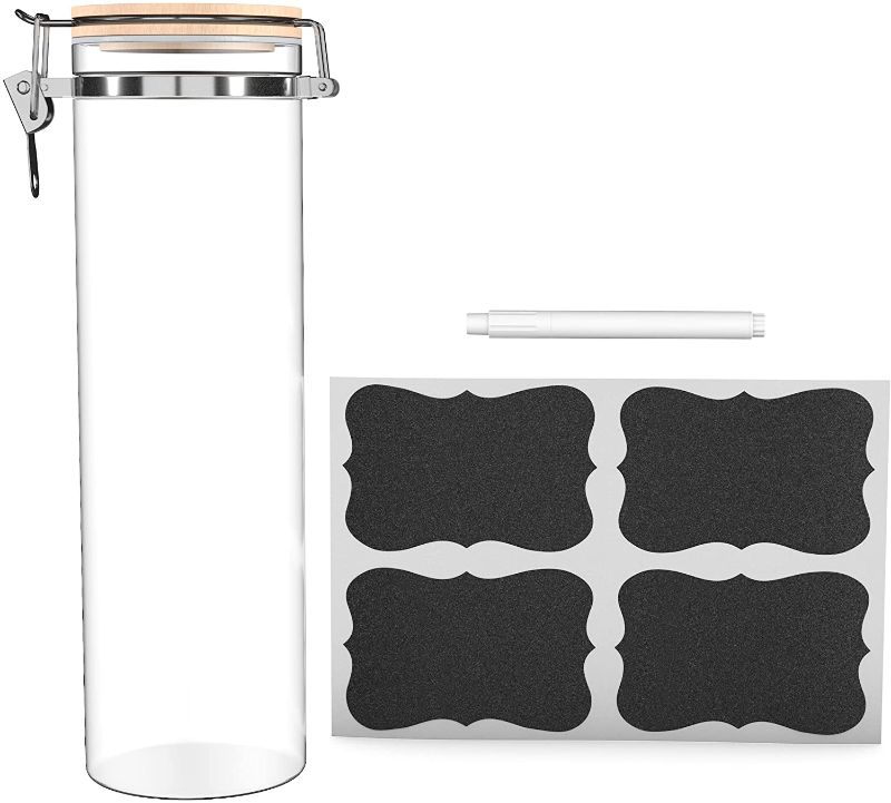 Photo 1 of Moving Mountains Products Decorative Glass Container with Lid - Multipurpose Borosilicate Glass Pasta Container, 68 Ounce Capacity - Modern Unfinished Beech Wood Lid - with Chalkboard Labels and Pen