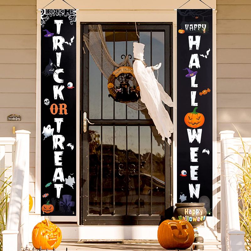 Photo 1 of 2 PACK - Unves Halloween Decorations Outdoor, Hanging Halloween Porch Decor Trick or Treat & Happy Halloween Banner Welcome Sign for Home House Outside Front Door Garden Yard