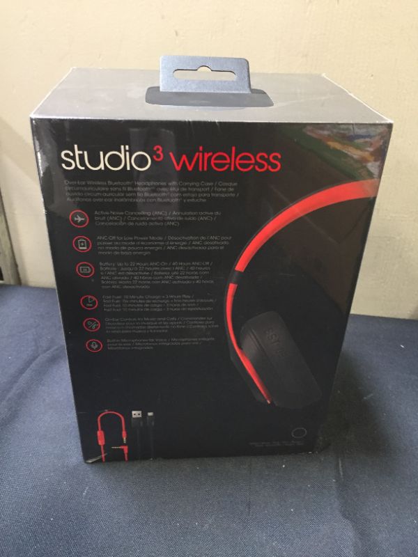 Photo 3 of Beats Studio3 Wireless Noise Cancelling Over-Ear Headphones - Apple W1 Headphone Chip, Class 1 Bluetooth, 22 Hours of Listening Time, Built-in Microphone - Defiant Black-Red (Latest Model) ---- FACTORY SEALED 
