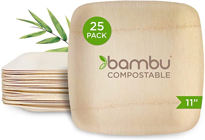 Photo 1 of Bambu, Disposable Bamboo Square Plates 11 Inch, Organic, Biodegradable and Eco Friendly Flatware, Veneerware Party, Wedding, and Event Plates, Great For Any Occasion, 100% Natural - 11", Pack of 25
