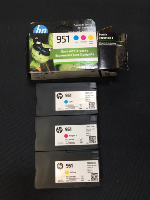 Photo 2 of Original HP 951 Cyan, Magenta, Yellow Ink Cartridges (3-pack) | Works with HP OfficeJet 8600, HP OfficeJet Pro 251dw, 276dw, 8100, 8610, 8620, 8630 Series | Eligible for Instant Ink | CR314FN, BRAND NEW, OPENED FOR PICTURE.
