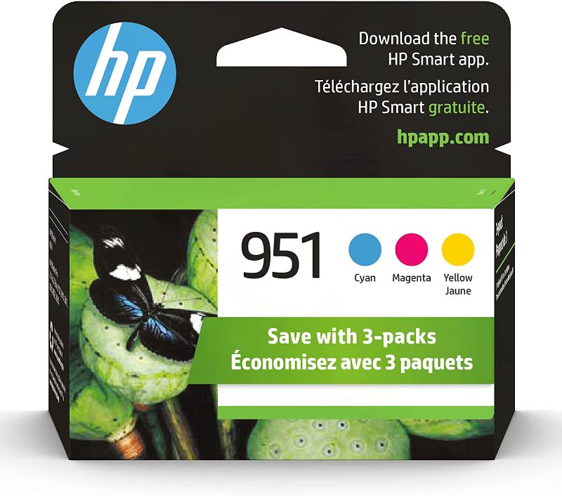 Photo 1 of Original HP 951 Cyan, Magenta, Yellow Ink Cartridges (3-pack) | Works with HP OfficeJet 8600, HP OfficeJet Pro 251dw, 276dw, 8100, 8610, 8620, 8630 Series | Eligible for Instant Ink | CR314FN, BRAND NEW, OPENED FOR PICTURE.
