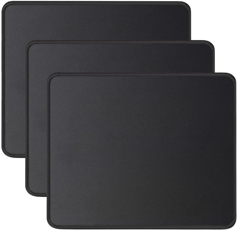 Photo 1 of JIKIOU 3 Pack Mouse Pad with Stitched Edge, Comfortable Mouse Pads with Non-Slip Rubber Base, Washable Mousepads Bulk with Lycra Cloth, Mouse Pads for Computers Laptop Mouse 10.2x8.3x0.12inch Black
