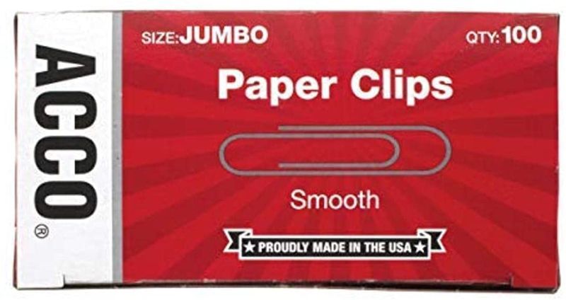 Photo 1 of ACCO Paper Clips, Jumbo, Smooth, 100 Clips/Box, 1 Box (72580)
2 pack 