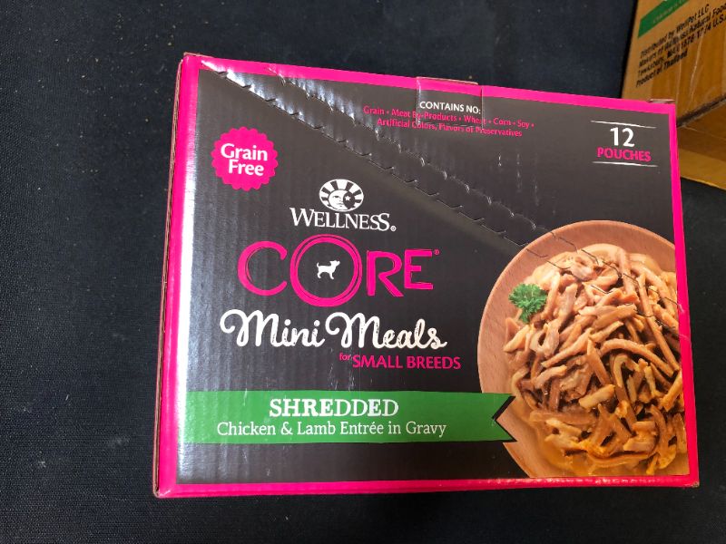 Photo 1 of Wellness CORE Natural Grain Free Small Breed Mini Meals Wet Dog Food, Shredded Chicken & Lamb Entrée in Gravy, 3-Ounce Pouch (Pack of 12)-- bb Aug 2023

