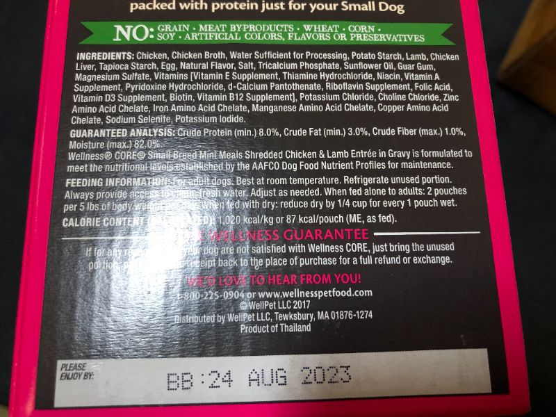 Photo 1 of Wellness CORE Natural Grain Free Small Breed Mini Meals Wet Dog Food, Shredded Chicken & Lamb Entrée in Gravy, 3-Ounce Pouch (Pack of 12)-- bb Aug 2023
