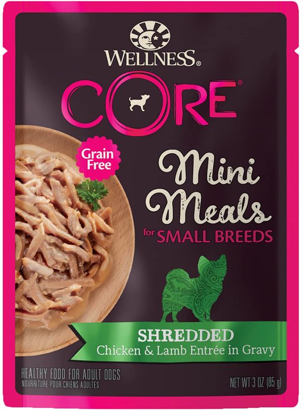 Photo 1 of Wellness CORE Natural Grain Free Small Breed Mini Meals Wet Dog Food, Shredded Chicken & Lamb Entrée in Gravy, 3-Ounce Pouch (Pack of 12)-- bb Aug 2023
