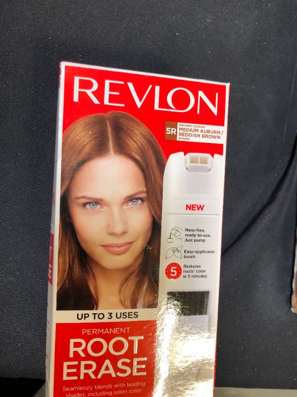Photo 1 of Revlon Root Erase Permanent Hair Color, At-Home Root Touchup Hair Dye with Applicator Brush for Multiple Use, 100 Gray Coverage, Medium Auburn/Reddish Brown , 3.2 oz--expired Feb 2022